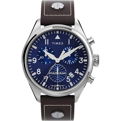 Timex Chronograph Reloj de 42 mm para hombre, cuero marrón, esfera azul, caja de acero inoxidable TWG030000 Timex Chronograph Reloj de 42 mm para hombre, cuero marrón, esfera azul, caja de acero inoxidable TWG030000