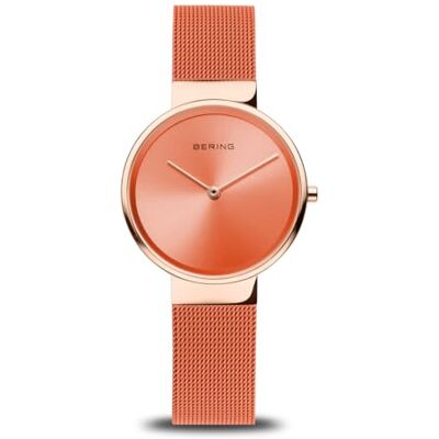 BERING Reloj de Cuarzo para Mujer con Caja de Acero Inoxidable de 31 mm con Acabado en Oro Rosa y Esfera Naranja, Correa milanesa, Cristal de Zafiro y Resistencia al Agua de 5 ATM BERING Reloj de Cuarzo para Mujer con Caja de Acero Inoxidable de 31 mm con Acabado en Oro Rosa y Esfera Naranja, Correa milanesa, Cristal de Zafiro y Resistencia al Agua de 5 ATM