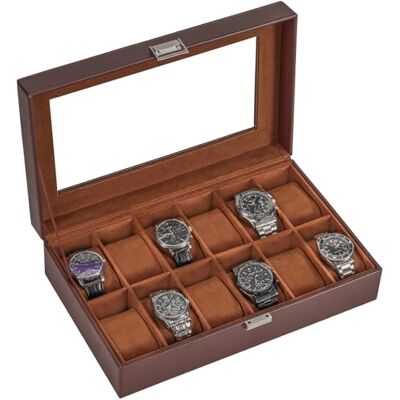 ProCase Caja de Relojes con 12 Compartimentos, Caja Guarda Reloj con Tapa de Cristal y Cojín Extraíble Organizador para Hombres y Mujeres -Marrón ProCase Caja de Relojes con 12 Compartimentos, Caja Guarda Reloj con Tapa de Cristal y Cojín Extraíble Organizador para Hombres y Mujeres -Marrón