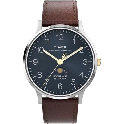 Timex Waterbury Classic Moon Phase Reloj con Correa de Cuero Vegano marrón con Esfera Azul y Caja de Acero Inoxidable, 40 mm Timex Waterbury Classic Moon Phase Reloj con Correa de Cuero Vegano marrón con Esfera Azul y Caja de Acero Inoxidable, 40 mm