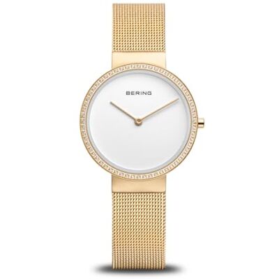 BERING Reloj de Cuarzo para Mujer con Caja de Acero Inoxidable de 31 mm con Acabado Dorado y Esfera Blanca, Correa milanesa, Cristal de Zafiro y Resistencia al Agua de 5 ATM BERING Reloj de Cuarzo para Mujer con Caja de Acero Inoxidable de 31 mm con Acabado Dorado y Esfera Blanca, Correa milanesa, Cristal de Zafiro y Resistencia al Agua de 5 ATM