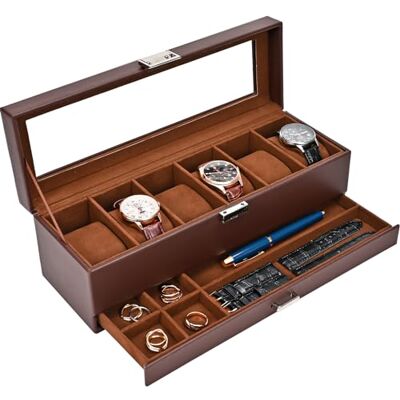 ProCase Caja de Relojes 6 Ranuras con Cajón -Café Organizadora de Reloj de 2 Capas, Estuche de Relojes con Tapa de Cristal, Idea de Regalo ProCase Caja de Relojes 6 Ranuras con Cajón -Café Organizadora de Reloj de 2 Capas, Estuche de Relojes con Tapa de Cristal, Idea de Regalo