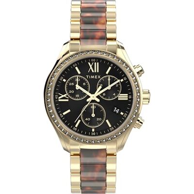 Timex Trend Reloj para Mujer, Pulsera de aleación Dorada, Esfera Negra, Caja Dorada, 38 mm, Timex Trend Reloj para Mujer, Pulsera de aleación Dorada, Esfera Negra, Caja Dorada, 38 mm,
