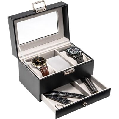 ProCase Caja de Relojes 3 Ranuras con Cajón -Negro Organizadora de Reloj de 2 Capas, Estuche de Relojes con Tapa de Cristal, Idea de Regalo ProCase Caja de Relojes 3 Ranuras con Cajón -Negro Organizadora de Reloj de 2 Capas, Estuche de Relojes con Tapa de Cristal, Idea de Regalo