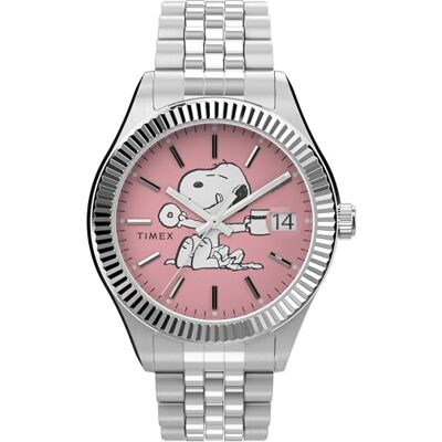 Timex Peanuts Reloj de 36 mm para mujer, correa de acero inoxidable en tono plateado, esfera rosa, caja en tono plateado TW2V47400 Timex Peanuts Reloj de 36 mm para mujer, correa de acero inoxidable en tono plateado, esfera rosa, caja en tono plateado TW2V47400