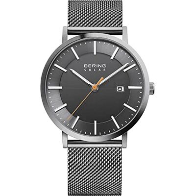 BERING Reloj solar para hombre con caja de acero inoxidable plateado de 39 mm y esfera gris, correa milanesa, cristal de zafiro y resistencia al agua de 10 ATM BERING Reloj solar para hombre con caja de acero inoxidable plateado de 39 mm y esfera gris, correa milanesa, cristal de zafiro y resistencia al agua de 10 ATM