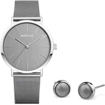 BERING Reloj de cuarzo para mujer con caja de acero inoxidable plateado de 36 mm y esfera gris, correa milanesa, cristal de zafiro y resistencia al agua de 3 ATM BERING Reloj de cuarzo para mujer con caja de acero inoxidable plateado de 36 mm y esfera gris, correa milanesa, cristal de zafiro y resistencia al agua de 3 ATM