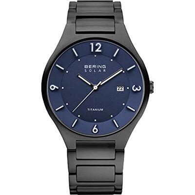 BERING Reloj solar para hombre con caja de titanio de 40 mm con acabado en negro y esfera azul, brazalete de titanio con detalles de titanio, resistencia al agua de 5 ATM BERING Reloj solar para hombre con caja de titanio de 40 mm con acabado en negro y esfera azul, brazalete de titanio con detalles de titanio, resistencia al agua de 5 ATM