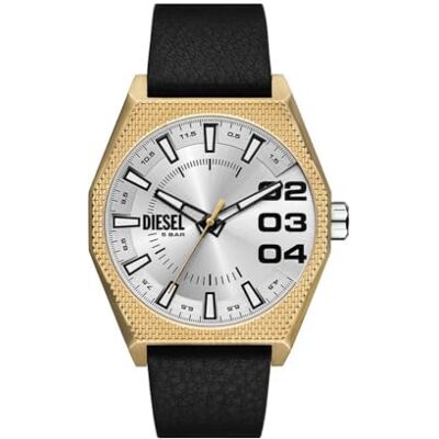 Diesel Scraper Reloj para Hombre, Movimiento de Cuarzo con Fecha a Tres Agujas y Correa de Acero o Piel, 42 mm, Tono Oro y Plata Diesel Scraper Reloj para Hombre, Movimiento de Cuarzo con Fecha a Tres Agujas y Correa de Acero o Piel, 42 mm, Tono Oro y Plata