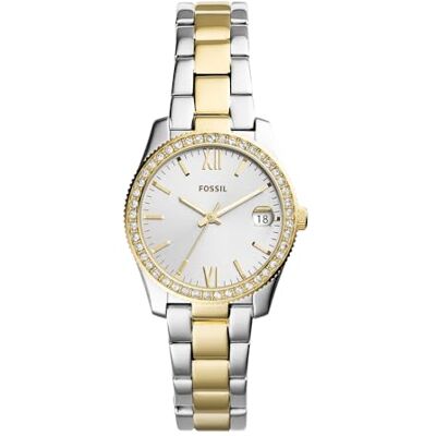 Fossil Scarlette Reloj para Mujer, Movimiento de Cuarzo con Correa de Acero o Piel, Tono Plateado y Dorado con Purpurina, 32MM Fossil Scarlette Reloj para Mujer, Movimiento de Cuarzo con Correa de Acero o Piel, Tono Plateado y Dorado con Purpurina, 32MM