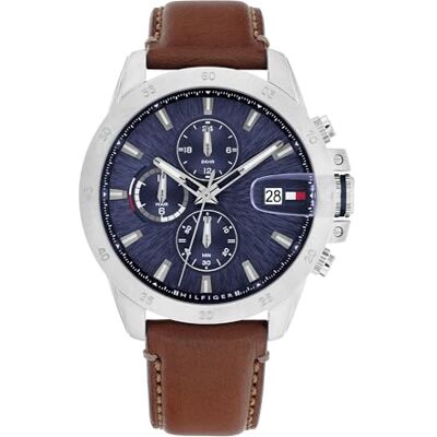 Tommy Hilfiger Reloj con Doble Husos Horarios para Hombre con Correa de Cuero Marrón Tommy Hilfiger Reloj con Doble Husos Horarios para Hombre con Correa de Cuero Marrón