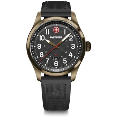 Wenger Reloj de Pulsera de Hombre Terragraph, Ø 43 mm, Swiss Made, Cuarzo analógico, Sumergible hasta 100 m, Pulsera de Silicona, Bronce/Negro Wenger Reloj de Pulsera de Hombre Terragraph, Ø 43 mm, Swiss Made, Cuarzo analógico, Sumergible hasta 100 m, Pulsera de Silicona, Bronce/Negro