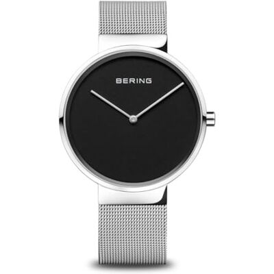 BERING Reloj de Cuarzo Unisex con Caja de Acero Inoxidable Plateado de 39 mm y Esfera Negra, Correa milanesa, Cristal de Zafiro y Resistencia al Agua de 5 ATM BERING Reloj de Cuarzo Unisex con Caja de Acero Inoxidable Plateado de 39 mm y Esfera Negra, Correa milanesa, Cristal de Zafiro y Resistencia al Agua de 5 ATM