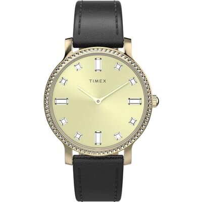 Timex Trend Reloj de 34 mm para Mujer, Correa de liberación rápida de Dos Piezas de Piel Negra, Esfera en Tono Dorado, Caja en Tono Dorado TW2W84600 Timex Trend Reloj de 34 mm para Mujer, Correa de liberación rápida de Dos Piezas de Piel Negra, Esfera en Tono Dorado, Caja en Tono Dorado TW2W84600