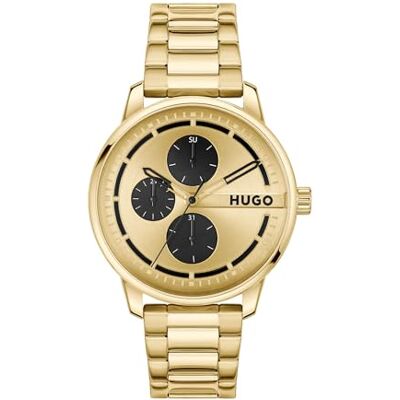 HUGO Reloj Analógico de Cuarzo Multifunción para Hombre Colección #Stamp Multi con Correa de Acero Inoxidable de Color Dorado HUGO Reloj Analógico de Cuarzo Multifunción para Hombre Colección #Stamp Multi con Correa de Acero Inoxidable de Color Dorado