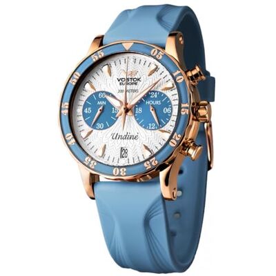Vostok Europe Undine Reloj de Pulsera para Mujer con 2 Bandas de Repuesto, cronógrafo, Fecha, 20 ATM, Rose Silver Blue, Correa Vostok Europe Undine Reloj de Pulsera para Mujer con 2 Bandas de Repuesto, cronógrafo, Fecha, 20 ATM, Rose Silver Blue, Correa