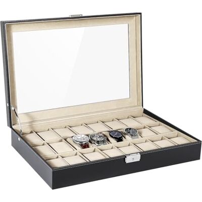 Uten Caja de Relojes con 24 Compartimentos, Caja de Almacenamiento de Relojes con Tapa de Cristal, Joyeros para Organización y Exhibición, Piel Sintética Negra, Forro Beige Uten Caja de Relojes con 24 Compartimentos, Caja de Almacenamiento de Relojes con Tapa de Cristal, Joyeros para Organización y Exhibición, Piel Sintética Negra, Forro Beige