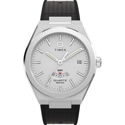 Timex Q Continental GMT Reloj con Correa de Goma sintética Negra con Esfera Plateada y Caja de Acero Inoxidable para Hombre, 39 mm Timex Q Continental GMT Reloj con Correa de Goma sintética Negra con Esfera Plateada y Caja de Acero Inoxidable para Hombre, 39 mm