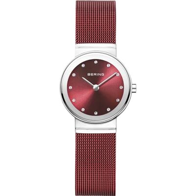 BERING Reloj de cuarzo para mujer de 26 mm con caja de acero inoxidable plateado y esfera roja, correa milanesa, cristal de zafiro y resistencia al agua de 5 ATM BERING Reloj de cuarzo para mujer de 26 mm con caja de acero inoxidable plateado y esfera roja, correa milanesa, cristal de zafiro y resistencia al agua de 5 ATM
