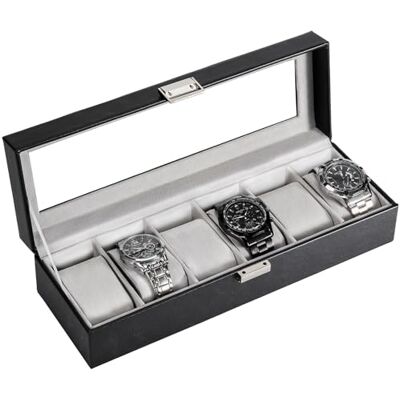 ProCase Caja de Relojes con 6 Compartimentos, Caja Guarda Reloj con Tapa de Cristal y Cojín Extraíble Organizador para Hombres y Mujeres -Negro ProCase Caja de Relojes con 6 Compartimentos, Caja Guarda Reloj con Tapa de Cristal y Cojín Extraíble Organizador para Hombres y Mujeres -Negro