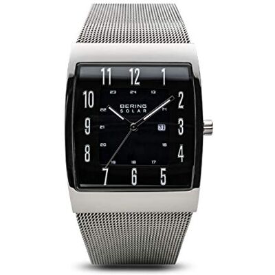 BERING Reloj solar para hombre de 33 mm con caja de acero inoxidable plateado y esfera negra, correa milanesa, cristal de zafiro y resistencia al agua de 3 ATM BERING Reloj solar para hombre de 33 mm con caja de acero inoxidable plateado y esfera negra, correa milanesa, cristal de zafiro y resistencia al agua de 3 ATM