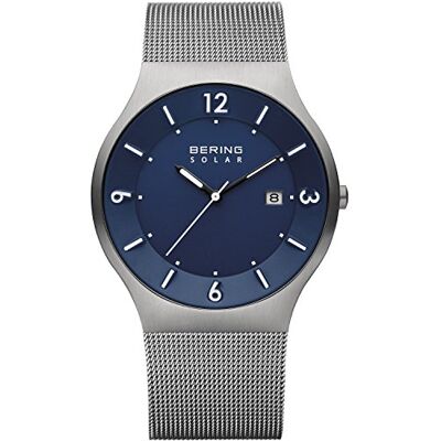 BERING Reloj solar para hombre con caja de acero inoxidable de 40 mm con acabado en gris y esfera azul, correa milanesa, cristal de zafiro y resistencia al agua de 5 ATM BERING Reloj solar para hombre con caja de acero inoxidable de 40 mm con acabado en gris y esfera azul, correa milanesa, cristal de zafiro y resistencia al agua de 5 ATM