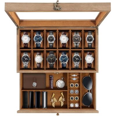 Uten Caja de Relojes con 12 Compartimentos, 2 Niveles Caja para Reloje Madera, Tapa de Vidrio y Almohada Algodón Seda, Forro Marrón, para Exhibición y Almacenamiento de Relojes Joyería Uten Caja de Relojes con 12 Compartimentos, 2 Niveles Caja para Reloje Madera, Tapa de Vidrio y Almohada Algodón Seda, Forro Marrón, para Exhibición y Almacenamiento de Relojes Joyería