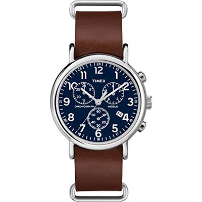 Timex Weekender Reloj cronógrafo de cuarzo con correa de cuero marrón y esfera azul, 40 mm Timex Weekender Reloj cronógrafo de cuarzo con correa de cuero marrón y esfera azul, 40 mm
