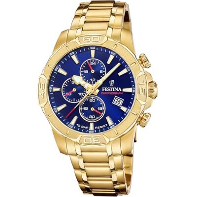 Festina Reloj Hombre Analógico de Acero Inoxidable 316l Dorado Movimiento de Cuarzo Cronógrafo Calendario Cristal Mineral Resistente Resistente al Agua 10 ATM F20705/3 Timeless Chronograph Festina Reloj Hombre Analógico de Acero Inoxidable 316l Dorado Movimiento de Cuarzo Cronógrafo Calendario Cristal Mineral Resistente Resistente al Agua 10 ATM F20705/3 Timeless Chronograph