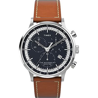 Timex Orologio da sera Waterbury Classic Chrono 40 mm in acciaio inossidabile con cinturino in pelle, marrone, TW2V30800 Timex Orologio da sera Waterbury Classic Chrono 40 mm in acciaio inossidabile con cinturino in pelle, marrone, TW2V30800