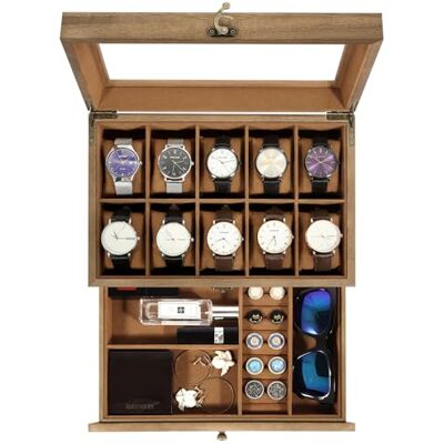 Uten Caja de Relojes con 10 Compartimentos, 2 Niveles Caja para Reloje Madera, Tapa de Vidrio y Almohada Algodón Seda, Forro Marrón, para Exhibición y Almacenamiento de Relojes Joyería Uten Caja de Relojes con 10 Compartimentos, 2 Niveles Caja para Reloje Madera, Tapa de Vidrio y Almohada Algodón Seda, Forro Marrón, para Exhibición y Almacenamiento de Relojes Joyería