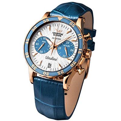 Vostok Europe Undine Reloj de Pulsera para Mujer con 2 Bandas de Repuesto, cronógrafo, Fecha, 20 ATM, Rose Silver Blue, Correa Vostok Europe Undine Reloj de Pulsera para Mujer con 2 Bandas de Repuesto, cronógrafo, Fecha, 20 ATM, Rose Silver Blue, Correa