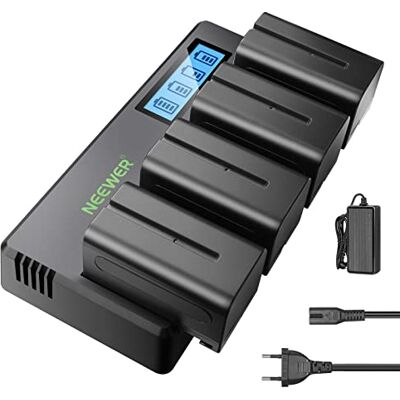 NEEWER 4pcs NP-F750 7.4V 5600mAh Batería de Repuesto con Cargador de 4 Canales y Adaptador de Corriente, Compatible con NP-F550/750/770/970 FM500H QM71D QM91D, Monitores de Campo, Luces de Video NEEWER 4pcs NP-F750 7.4V 5600mAh Batería de Repuesto con Cargador de 4 Canales y Adaptador de Corriente, Compatible con NP-F550/750/770/970 FM500H QM71D QM91D, Monitores de Campo, Luces de Video