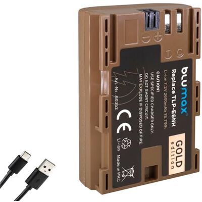 Blumax Batería compatible con Canon LP-E6NH 2600 mAh - LP-E6N LP-E6 con conector de carga USB tipo C Canon EOS R Ra Ra R5 R6 II R7-6D 7D 80D 90D XC15 Blumax Batería compatible con Canon LP-E6NH 2600 mAh - LP-E6N LP-E6 con conector de carga USB tipo C Canon EOS R Ra Ra R5 R6 II R7-6D 7D 80D 90D XC15