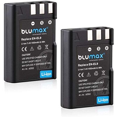 Blumax Lote de 2 baterías compatibles con Nikon EN-EL9e/EN-EL9a 1100 mAh, compatibles con Nikon D3000, D5000, D40, D40x D60 Blumax Lote de 2 baterías compatibles con Nikon EN-EL9e/EN-EL9a 1100 mAh, compatibles con Nikon D3000, D5000, D40, D40x D60