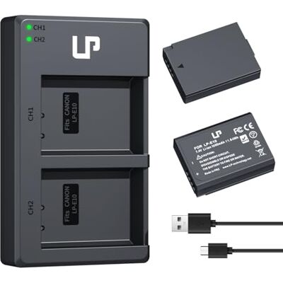 LP Cargador de batería -E10, Paquete de 2 baterías de 1600mAh y Cargador Doble Ranura, Compatible con Canon EOS Rebel T7 T6 T5 T3 T100 4000D 3000D 2000D 1500D 1300D (no Compatible T3i T5i T6i T6s T7i) LP Cargador de batería -E10, Paquete de 2 baterías de 1600mAh y Cargador Doble Ranura, Compatible con Canon EOS Rebel T7 T6 T5 T3 T100 4000D 3000D 2000D 1500D 1300D (no Compatible T3i T5i T6i T6s T7i)