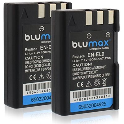 Blumax Lote de 2 baterías para Nikon EN-EL9, EN-EL9e, EN-EL9a, 1000 mAh, compatibles con Nikon D40-D40X-D60-D3000-D5000 Blumax Lote de 2 baterías para Nikon EN-EL9, EN-EL9e, EN-EL9a, 1000 mAh, compatibles con Nikon D40-D40X-D60-D3000-D5000