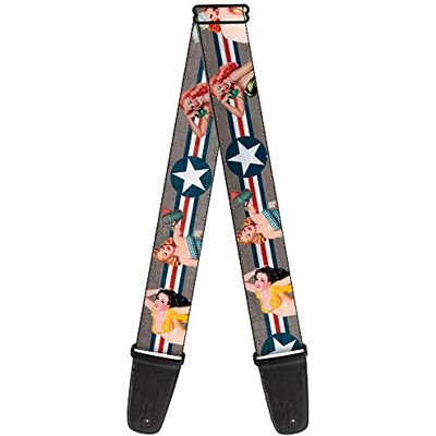 Buckle-Down Correa para guitarra con hebilla – Pin Up Girl Poses Close Up Star & Stripes Gray/Azul/Blanco/Rojo – 2" de ancho – 29-54" de longitud Buckle-Down Correa para guitarra con hebilla – Pin Up Girl Poses Close Up Star & Stripes Gray/Azul/Blanco/Rojo – 2" de ancho – 29-54" de longitud
