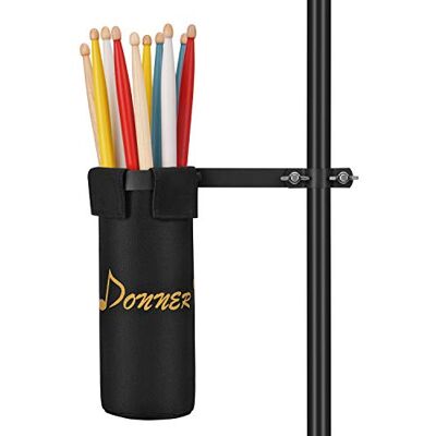 Donner Soporte para baquetas de tambor, bolsa de nailon extraíble, abrazadera de aleación de aluminio resistente para baquetas de hasta 10 pares, color negro Donner Soporte para baquetas de tambor, bolsa de nailon extraíble, abrazadera de aleación de aluminio resistente para baquetas de hasta 10 pares, color negro