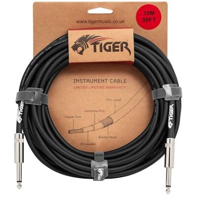 Tiger Cable de instrumento de guitarra de 10 m, conector mono de 1/4 pulgadas a jack, conectores de cobre, cable blindado de bajo ruido para guitarra eléctrica, bajo, teclado, amplificador Tiger Cable de instrumento de guitarra de 10 m, conector mono de 1/4 pulgadas a jack, conectores de cobre, cable blindado de bajo ruido para guitarra eléctrica, bajo, teclado, amplificador
