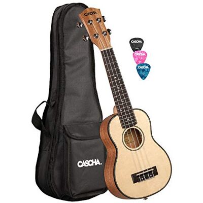 Cascha soprano ukelele, tapa de abeto macizo, tapa de abeto macizo, juego de guitarras Hawaii con cuerdas de Aquila, accesorios y 3 púas Cascha soprano ukelele, tapa de abeto macizo, tapa de abeto macizo, juego de guitarras Hawaii con cuerdas de Aquila, accesorios y 3 púas