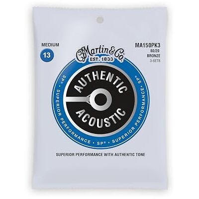 Martin 3 Pack Cuerdas para guitarra acústica, Superior Performance Medium 13-56, 80/20 Bronce (MA150PK3) Martin 3 Pack Cuerdas para guitarra acústica, Superior Performance Medium 13-56, 80/20 Bronce (MA150PK3)