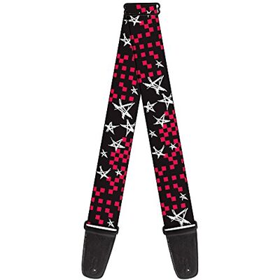 Buckle-Down Correa para guitarra con hebilla, diseño de estrellas con cuadros, color negro, fucsia y blanco, 5 cm de ancho, 74 cm de longitud Buckle-Down Correa para guitarra con hebilla, diseño de estrellas con cuadros, color negro, fucsia y blanco, 5 cm de ancho, 74 cm de longitud