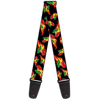Buckle-Down Correa para guitarra, diseño de cerezas en llamas, color negro, 5 cm de ancho Buckle-Down Correa para guitarra, diseño de cerezas en llamas, color negro, 5 cm de ancho