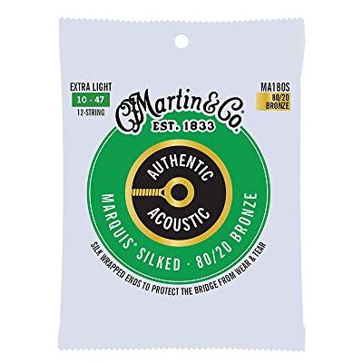 Martin 12 Cuerdas para guitarra acústica, Marquis Silked Custom Extra Light 10/47, bronce 80/20 (MA180S) Martin 12 Cuerdas para guitarra acústica, Marquis Silked Custom Extra Light 10/47, bronce 80/20 (MA180S)