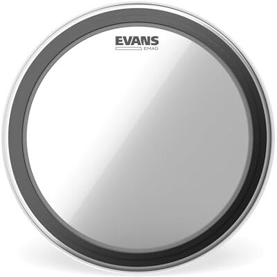EVANS Parche de bombo transparente EMAD, sistema de amortiguación ajustable con 2 anillos de espuma amortiguadora, transparente, 22 pulgadas EVANS Parche de bombo transparente EMAD, sistema de amortiguación ajustable con 2 anillos de espuma amortiguadora, transparente, 22 pulgadas