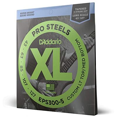 D'Addario Bass Guitar Strings, XL Pro Steels, , Long Scale, Custom Light Top/Medium Bottom Gauge 43-127, Tapered, 5-String Set, Pack de 1 D'Addario Bass Guitar Strings, XL Pro Steels, , Long Scale, Custom Light Top/Medium Bottom Gauge 43-127, Tapered, 5-String Set, Pack de 1