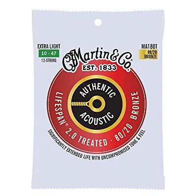 Martin 12 cuerdas para guitarra acústica, Lifespan 2.0 Extra Light 10-47, bronce 80/20 (MA180T) Martin 12 cuerdas para guitarra acústica, Lifespan 2.0 Extra Light 10-47, bronce 80/20 (MA180T)