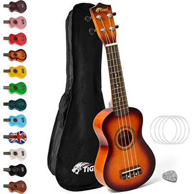 Tiger Ukelele soprano UKE7 para principiantes incluye funda, púa de fieltro y juego de cuerdas de repuesto, Sunburst Tiger Ukelele soprano UKE7 para principiantes incluye funda, púa de fieltro y juego de cuerdas de repuesto, Sunburst