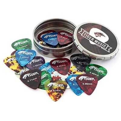 Tiger Caja con 25 púas para guitarra, Mediano, Calibre mixto, Multicolor (Celluloid) Tiger Caja con 25 púas para guitarra, Mediano, Calibre mixto, Multicolor (Celluloid)